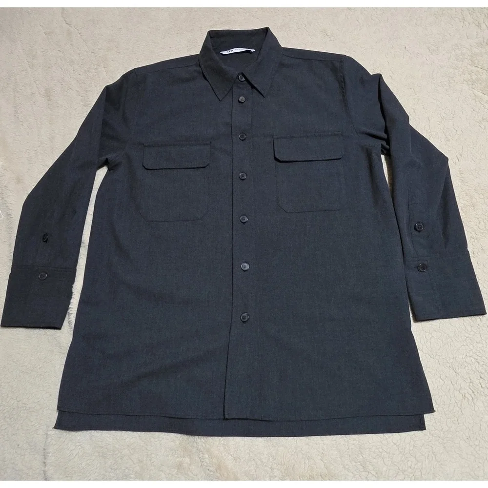 Zara Men's Charcoal Grey Long Sleeve Button-Down Utility Shirt